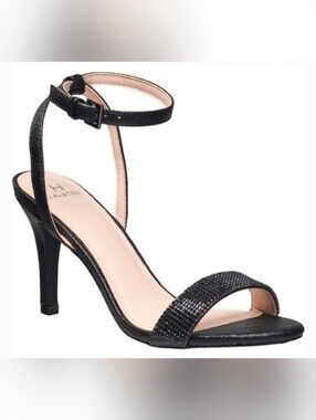 H by Halston Black Glitter Ankle-Strap Open-Toe Stiletto